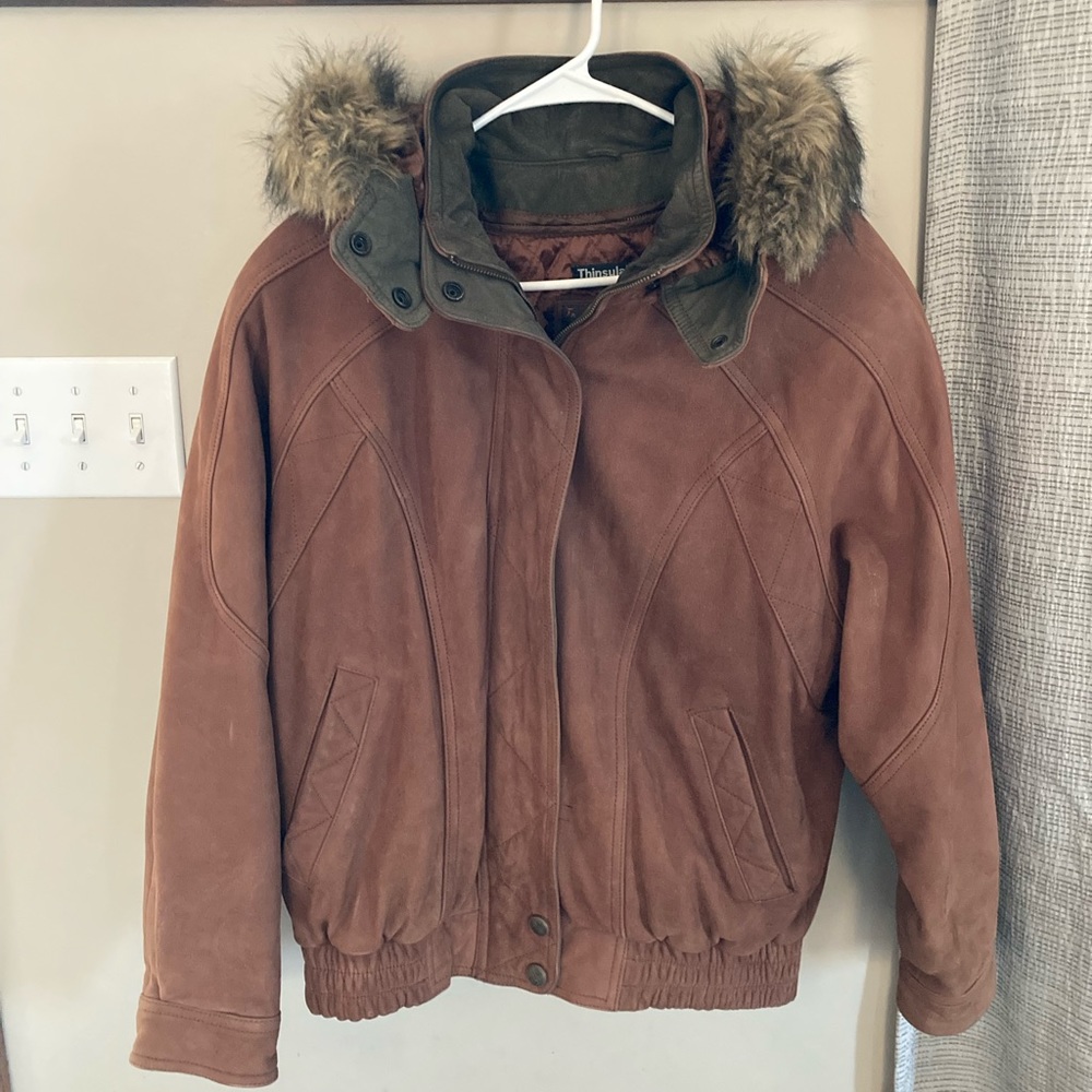 Thick brown leather jacket coat
